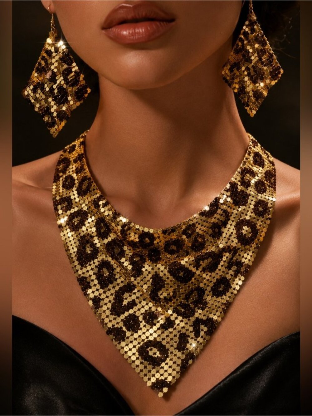 Gold and Brown Leopard Sequin Bib Necklace with Matching Earring